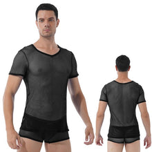 Load image into Gallery viewer, Men Hollow Out Mesh Two-piece Set See-through Lingerie Suit V Neck Short Sleeve T-shirt with Elastic Waistband Sexy Boxer Shorts