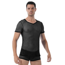 Load image into Gallery viewer, Men Hollow Out Mesh Two-piece Set See-through Lingerie Suit V Neck Short Sleeve T-shirt with Elastic Waistband Sexy Boxer Shorts