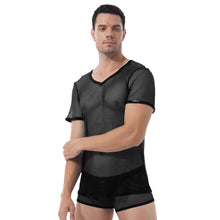 Load image into Gallery viewer, Men Hollow Out Mesh Two-piece Set See-through Lingerie Suit V Neck Short Sleeve T-shirt with Elastic Waistband Sexy Boxer Shorts