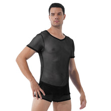 Load image into Gallery viewer, Men Hollow Out Mesh Two-piece Set See-through Lingerie Suit V Neck Short Sleeve T-shirt with Elastic Waistband Sexy Boxer Shorts