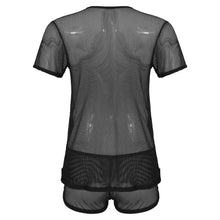 Load image into Gallery viewer, Men Hollow Out Mesh Two-piece Set See-through Lingerie Suit V Neck Short Sleeve T-shirt with Elastic Waistband Sexy Boxer Shorts