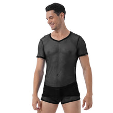Load image into Gallery viewer, Men Hollow Out Mesh Two-piece Set See-through Lingerie Suit V Neck Short Sleeve T-shirt with Elastic Waistband Sexy Boxer Shorts