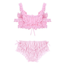 Load image into Gallery viewer, Men Satin Lingerie Exotic Sets Sissy Nightwear Shoulder Straps Wire-free Bra Tops with Floral Lace Hem Briefs Thongs Clubwear