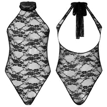 Load image into Gallery viewer, Men Sexy See-through Floral Lace Bodycon Bodysuit Halter Lace-up Backless Sheer Leotard Sissy Lingerie Teddies Catsuit Nightwear