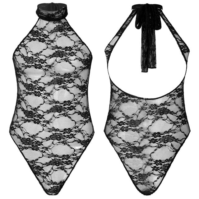 Men Sexy See-through Floral Lace Bodycon Bodysuit Halter Lace-up Backless Sheer Leotard Sissy Lingerie Teddies Catsuit Nightwear