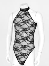 Load image into Gallery viewer, Men Sexy See-through Floral Lace Bodycon Bodysuit Halter Lace-up Backless Sheer Leotard Sissy Lingerie Teddies Catsuit Nightwear