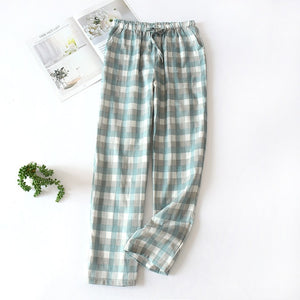 Men's Cotton Gauze Trousers Plaid Knitted Sleep Pants Mens Pajamas Pants Bottoms Sleepwear Pajama Short for Men Pijama Hombre