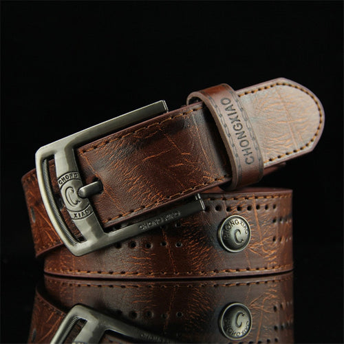 Men's Denim Casual Belt Hollow Rivet Punk Style Wide Belt for New Fashion Strap Male High Quality Jeans PU Leather Belt