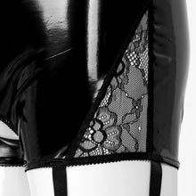 Load image into Gallery viewer, Mens Black Lingerie Wetlook Faux Leather High Waist Boxer Shorts Sexy Men Crotchless Underwear Panties with Garters