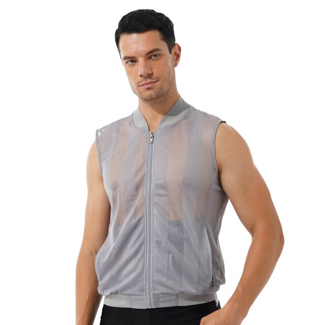 Mens Breathable Sleeveless Jacket Solid Color Stripe Waistcoat Zipper Closure Front Tank Tops See-through Mesh Fashion Vest Top