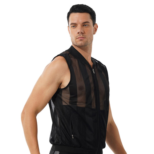 Mens Breathable Sleeveless Jacket Solid Color Stripe Waistcoat Zipper Closure Front Tank Tops See-through Mesh Fashion Vest Top