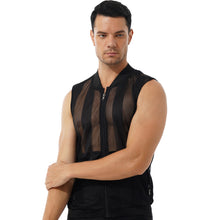 Load image into Gallery viewer, Mens Breathable Sleeveless Jacket Solid Color Stripe Waistcoat Zipper Closure Front Tank Tops See-through Mesh Fashion Vest Top