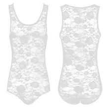 Load image into Gallery viewer, Mens Erotic Bodycon Catsuit Flower Pattern See Through Sheer Lace Bodysuit Round Neck Sleeveless Leotard Slim Jumpsuit Nightwear