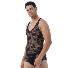 Load image into Gallery viewer, Mens Erotic Bodycon Catsuit Flower Pattern See Through Sheer Lace Bodysuit Round Neck Sleeveless Leotard Slim Jumpsuit Nightwear