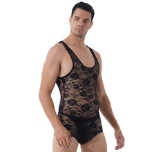 Load image into Gallery viewer, Mens Erotic Bodycon Catsuit Flower Pattern See Through Sheer Lace Bodysuit Round Neck Sleeveless Leotard Slim Jumpsuit Nightwear