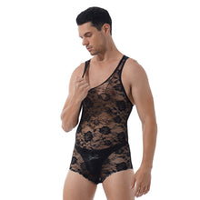 Load image into Gallery viewer, Mens Erotic Bodycon Catsuit Flower Pattern See Through Sheer Lace Bodysuit Round Neck Sleeveless Leotard Slim Jumpsuit Nightwear