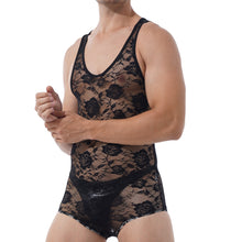 Load image into Gallery viewer, Mens Erotic Bodycon Catsuit Flower Pattern See Through Sheer Lace Bodysuit Round Neck Sleeveless Leotard Slim Jumpsuit Nightwear