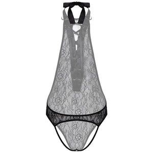 Mens Erotic Bodycon Jumpsuits Floral Lace Deep V One-piece Bodysuit Sissy Nightwear Halter Lace-up Open Butt See-through Leotard