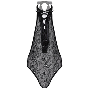 Mens Erotic Bodycon Jumpsuits Floral Lace Deep V One-piece Bodysuit Sissy Nightwear Halter Lace-up Open Butt See-through Leotard