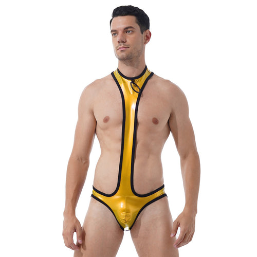 Mens Erotic Jumpsuits O Ring Patent Leather One-piece Bodysuit Round Neck Bulge Pouch Open Butt Leotard Club Stage Show Costume