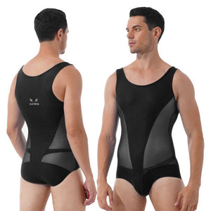 Mens Erotic Jumpsuits Semi-see through Sheer Mesh Patchwork Wrestling Sport Bodysuit Sleeveless Bulge Pouch Leatord Swimsuit