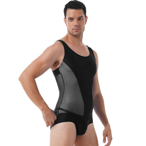 Mens Erotic Jumpsuits Semi-see through Sheer Mesh Patchwork Wrestling Sport Bodysuit Sleeveless Bulge Pouch Leatord Swimsuit