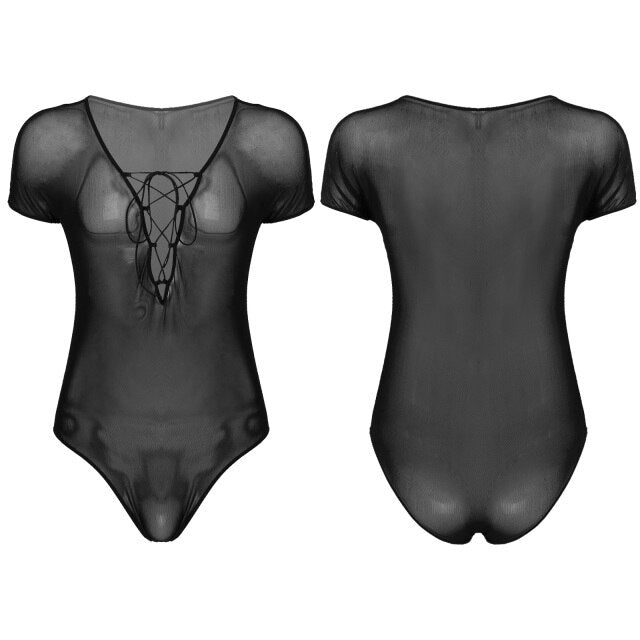 Mens Erotic Lingerie Bodycon See-through Mesh Deep V Neck Jumpsuit Crisscross Lace-up Front Short Sleeve Sheer Romper Nightwear