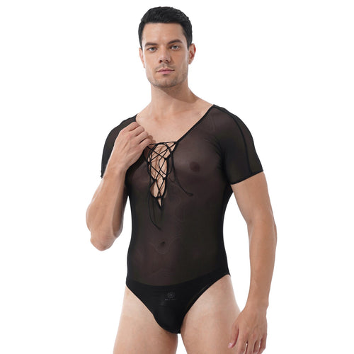 Mens Erotic Lingerie Bodycon See-through Mesh Deep V Neck Jumpsuit Crisscross Lace-up Front Short Sleeve Sheer Romper Nightwear