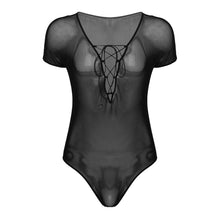 Load image into Gallery viewer, Mens Erotic Lingerie Bodycon See-through Mesh Deep V Neck Jumpsuit Crisscross Lace-up Front Short Sleeve Sheer Romper Nightwear
