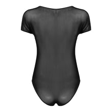 Load image into Gallery viewer, Mens Erotic Lingerie Bodycon See-through Mesh Deep V Neck Jumpsuit Crisscross Lace-up Front Short Sleeve Sheer Romper Nightwear