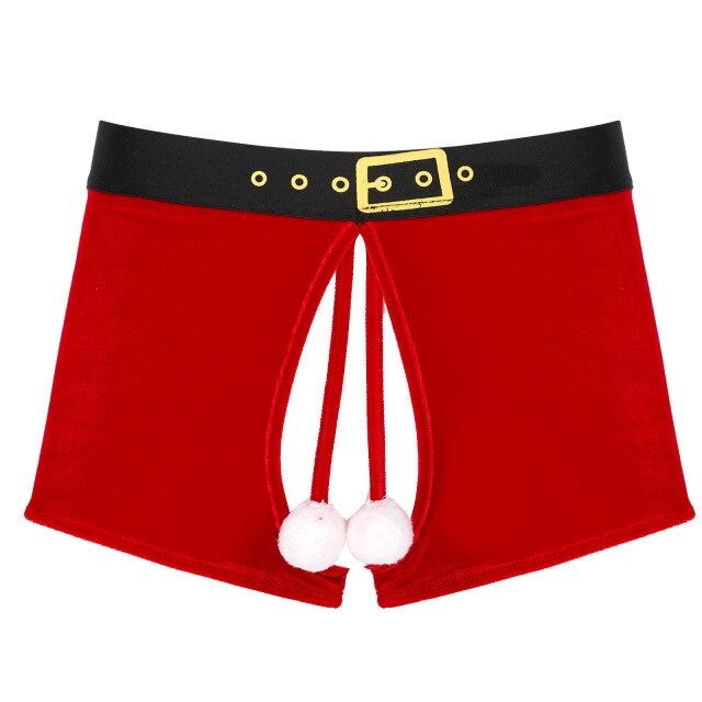 Mens Erotic Lingerie Christmas Underwear Crotchless Velvet Boxer Shorts Underpants Sissy Male Fluffy Ball Decor New Year Panties