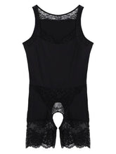 Load image into Gallery viewer, Mens Erotic Lingerie Crotchless Bodysuit Lace Patchwork Scoop Neck Sleepwear Bodyshaper Sexy Sissy Open Crotch Nightwear.