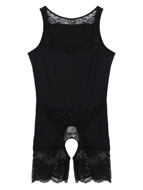 Mens Erotic Lingerie Crotchless Bodysuit Lace Patchwork Scoop Neck Sleepwear Bodyshaper Sexy Sissy Open Crotch Nightwear.