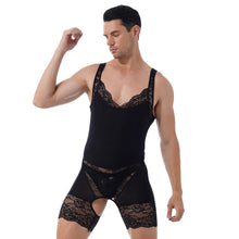 Load image into Gallery viewer, Mens Erotic Lingerie Crotchless Bodysuit Lace Patchwork Scoop Neck Sleepwear Bodyshaper Sexy Sissy Open Crotch Nightwear.