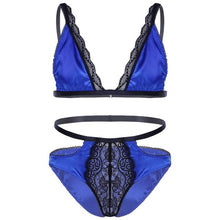 Load image into Gallery viewer, Mens Erotic Underwear Set Floral Lace Trimming Sexy Satin Lingerie Suit Adjustable Shoulder Strap Bra Tops with Low Rise Briefs