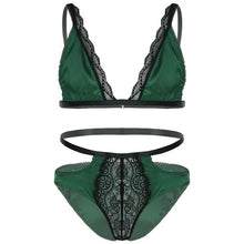 Load image into Gallery viewer, Mens Erotic Underwear Set Floral Lace Trimming Sexy Satin Lingerie Suit Adjustable Shoulder Strap Bra Tops with Low Rise Briefs