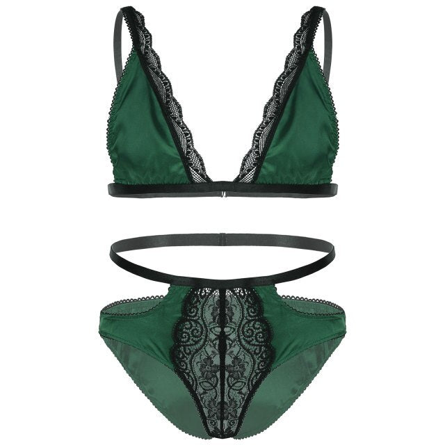 Mens Erotic Underwear Set Floral Lace Trimming Sexy Satin Lingerie Suit Adjustable Shoulder Strap Bra Tops with Low Rise Briefs