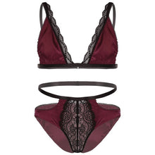 Load image into Gallery viewer, Mens Erotic Underwear Set Floral Lace Trimming Sexy Satin Lingerie Suit Adjustable Shoulder Strap Bra Tops with Low Rise Briefs