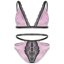 Load image into Gallery viewer, Mens Erotic Underwear Set Floral Lace Trimming Sexy Satin Lingerie Suit Adjustable Shoulder Strap Bra Tops with Low Rise Briefs
