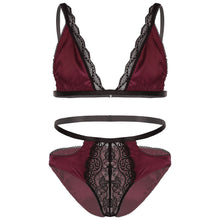 Load image into Gallery viewer, Mens Erotic Underwear Set Floral Lace Trimming Sexy Satin Lingerie Suit Adjustable Shoulder Strap Bra Tops with Low Rise Briefs