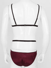 Load image into Gallery viewer, Mens Erotic Underwear Set Floral Lace Trimming Sexy Satin Lingerie Suit Adjustable Shoulder Strap Bra Tops with Low Rise Briefs