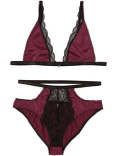 Load image into Gallery viewer, Mens Erotic Underwear Set Floral Lace Trimming Sexy Satin Lingerie Suit Adjustable Shoulder Strap Bra Tops with Low Rise Briefs