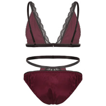 Load image into Gallery viewer, Mens Erotic Underwear Set Floral Lace Trimming Sexy Satin Lingerie Suit Adjustable Shoulder Strap Bra Tops with Low Rise Briefs