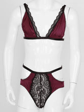 Load image into Gallery viewer, Mens Erotic Underwear Set Floral Lace Trimming Sexy Satin Lingerie Suit Adjustable Shoulder Strap Bra Tops with Low Rise Briefs