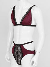 Load image into Gallery viewer, Mens Erotic Underwear Set Floral Lace Trimming Sexy Satin Lingerie Suit Adjustable Shoulder Strap Bra Tops with Low Rise Briefs