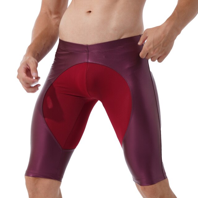 Mens Exercise Workout Fitness Sportswear Faux Leather Patchwork Undershorts Surfing Swimming Trunks Athletic Skinny Short Pants