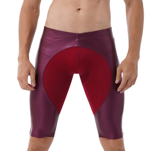 Mens Exercise Workout Fitness Sportswear Faux Leather Patchwork Undershorts Surfing Swimming Trunks Athletic Skinny Short Pants