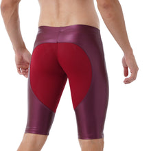 Load image into Gallery viewer, Mens Exercise Workout Fitness Sportswear Faux Leather Patchwork Undershorts Surfing Swimming Trunks Athletic Skinny Short Pants