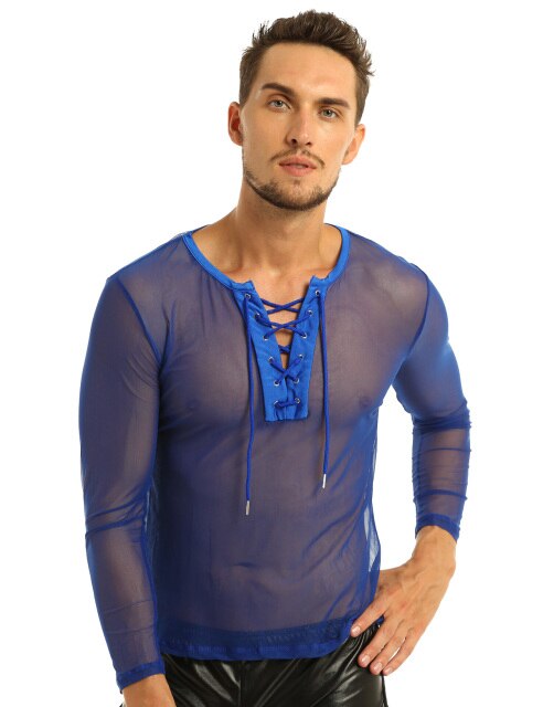 Mens Exotic Transparent Tank Shirt See Through Mesh Long Sleeve Sexy T-Shirt Club Wear Sex Breathable Casual Nightclub Tops Tee