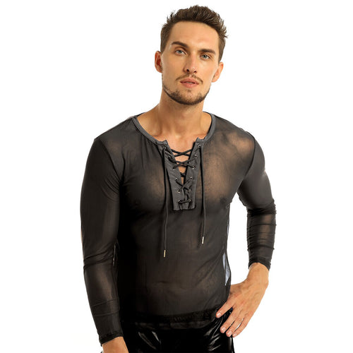 Mens Exotic Transparent Tank Shirt See Through Mesh Long Sleeve Sexy T-Shirt Club Wear Sex Breathable Casual Nightclub Tops Tee
